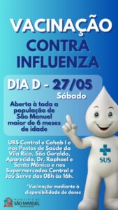 Dia “d” de vacinação contra a influenza será realizado amanhã nos postos de saúde e nos supermercados Central e Jaú Serve
