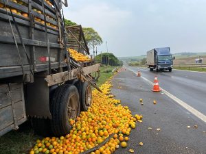 Acidente entre ônibus e caminhão carregado de laranjas interdita trecho da Marechal Rondon em São Manuel