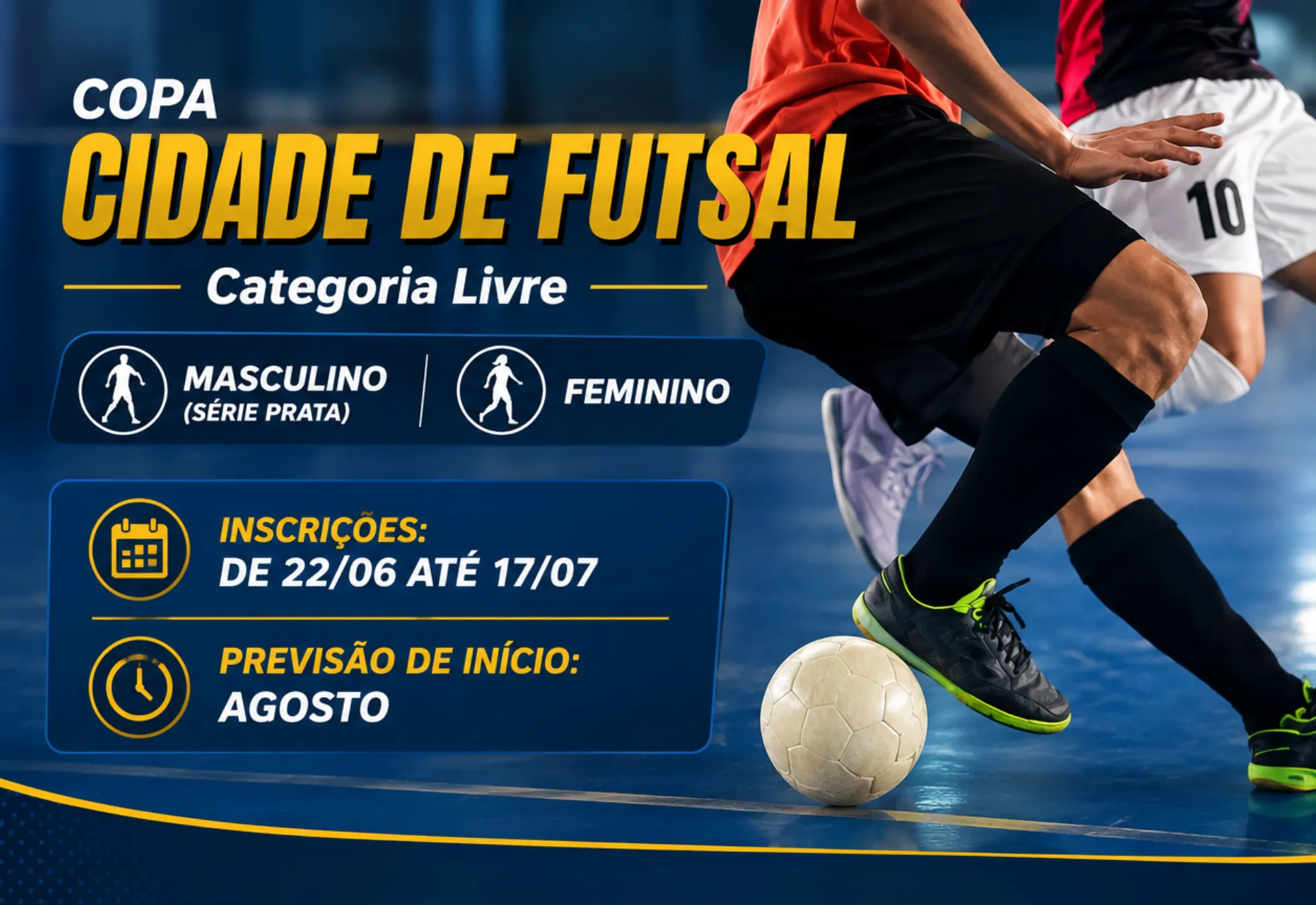 Copa Cidade de Futsal 2026 abre inscrições para as categorias Livre Masculino (Série Prata) e Feminino