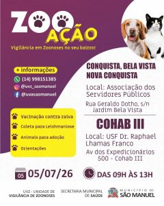 ZooAção leva vacinação antirrábica, coleta para leishmaniose e orientações à população neste domingo em São Manuel