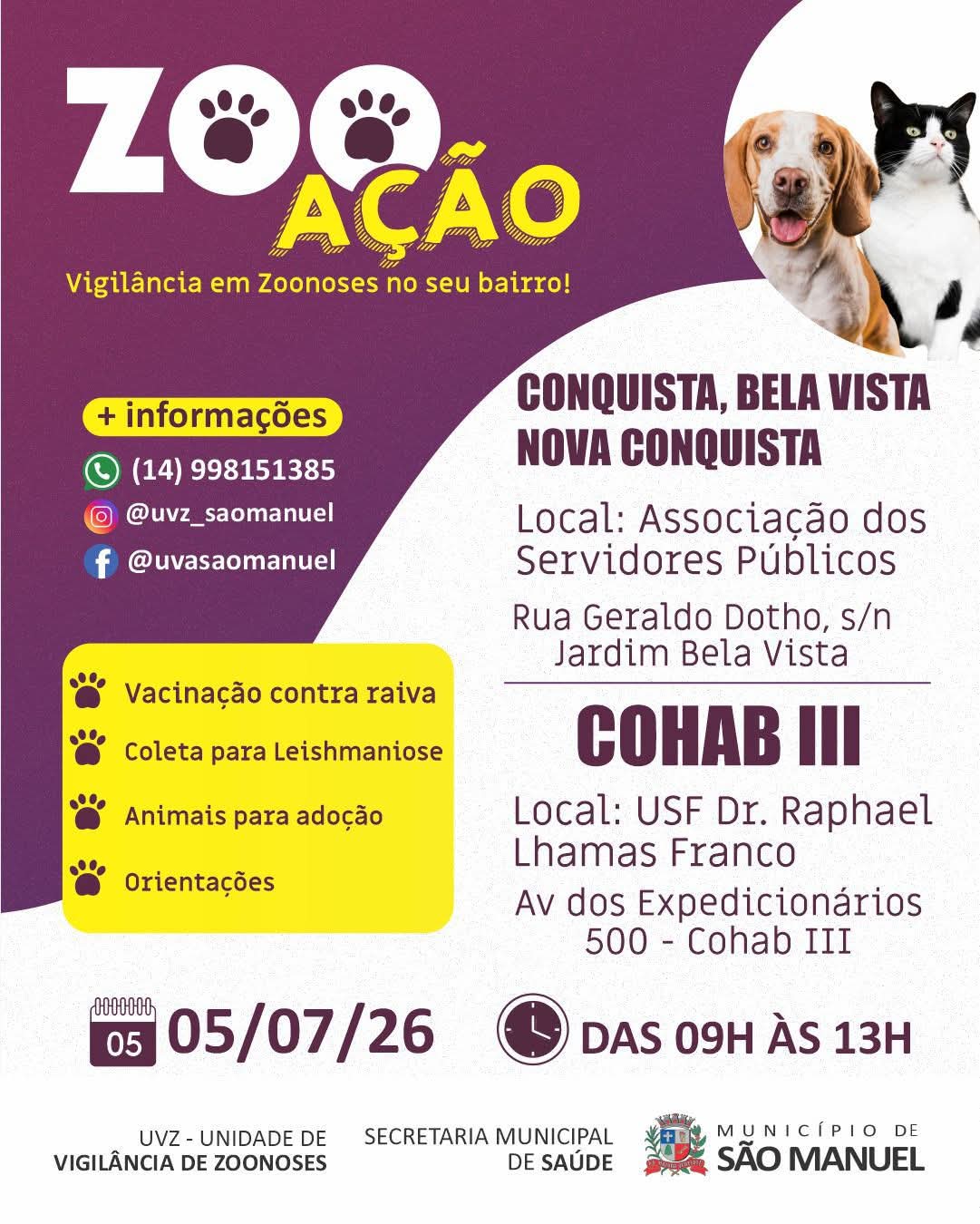 ZooAção leva vacinação antirrábica, coleta para leishmaniose e orientações à população neste domingo em São Manuel