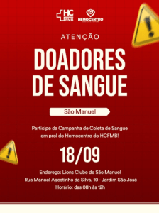 SÃO MANUEL RECEBE CAMPANHA DE DOAÇÃO DE SANGUE NO DIA 18 DE SETEMBRO