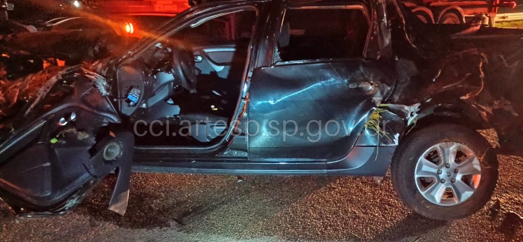 A caminhonete onde estavam as vítimas ficou destruída após o acidente